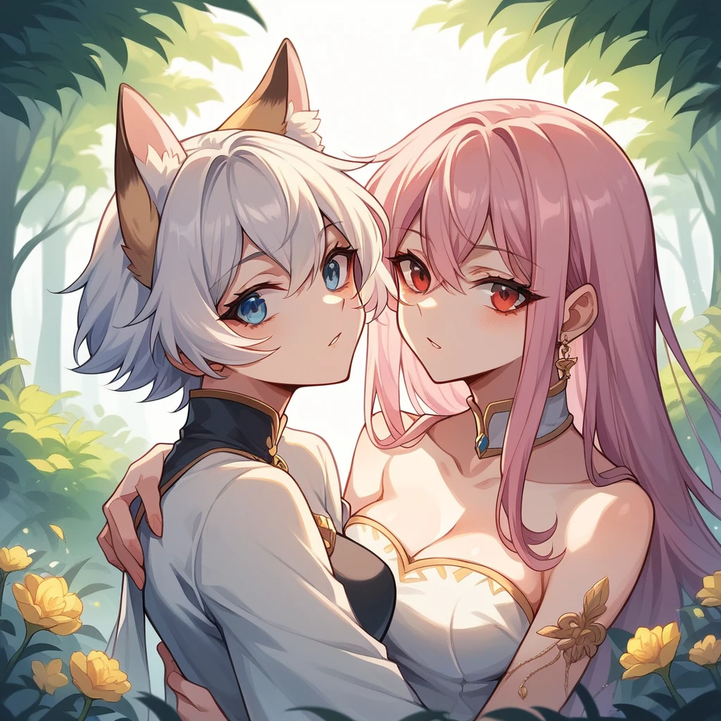 Create a whimsical scene featuring two fox girls. The first girl has short white hair and striking red eyes, exuding a confident and playful demeanor. She is gently carrying the second girl in her arms. The second girl has long, flowing pink hair and captivating blue eyes, looking content and relaxed. They are surrounded by a vibrant forest filled with colorful flowers and soft, dappled sunlight filtering through the trees, highlighting their unique features and the bond between them.