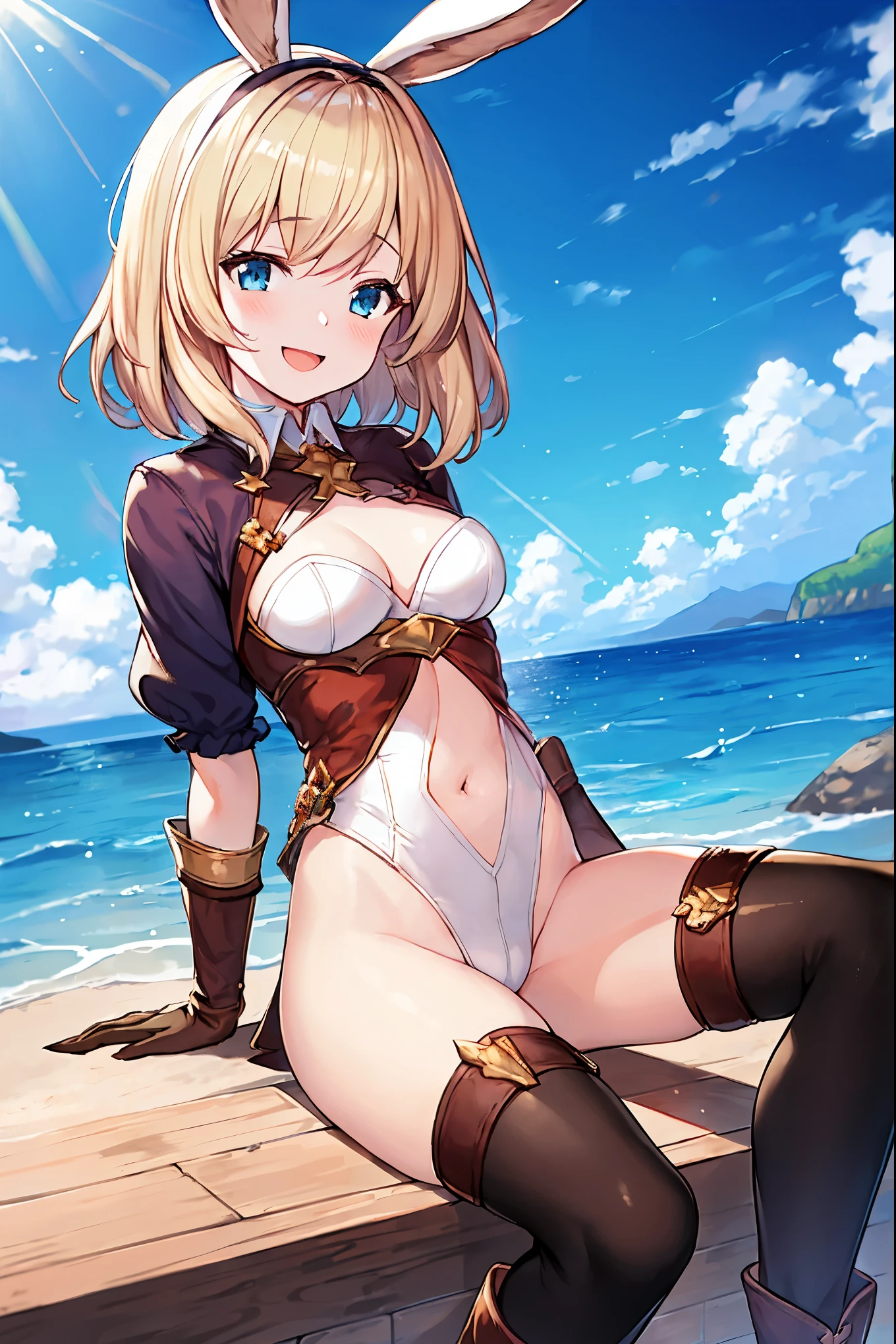 GRANBLUEfantasy,ung_teeirl,brown_hair,medium_bob_hair,platina_blond_hair,white_leotard,covered_crotch,thigh-highs,smile,standing,bluesky_landscape_background,slightly_spread_legs,happiness, short_gloves ,solo, r18, navel,relicbuster,short,boots,open_mouth,sitting,knees,blush,shy,bunny_ears