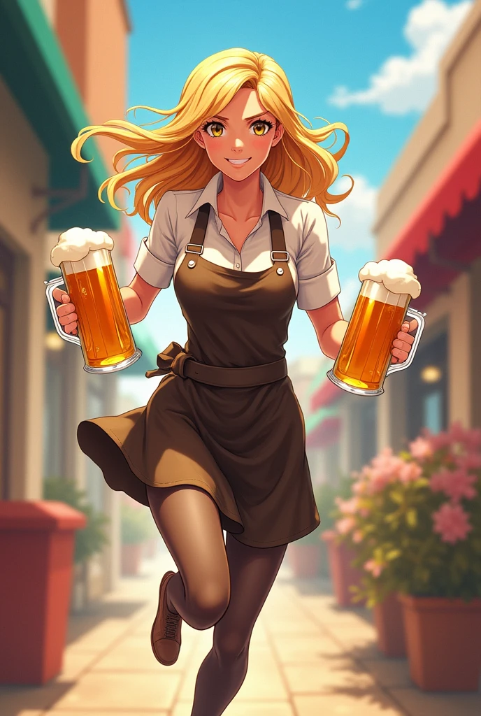 24-year-old wealthy young lady。Blonde hair with vertical curls。With a slender figure、Wearing an apron and a sling。With a beer mug in each hand、Please draw an anime style of someone running around busily.。