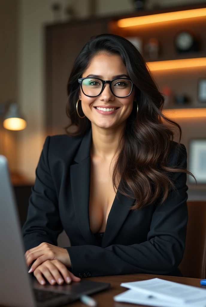 Beautiful 28-year-old Latina brunette woman with GLASSES SECRETARY elegant work suit GRAPHIC DESIGNER publicist style important looking at the objective hyperrealistic beautiful smile WITH COMPUTER WORKING EXECUTIVE OFFICE ENVIRONMENT