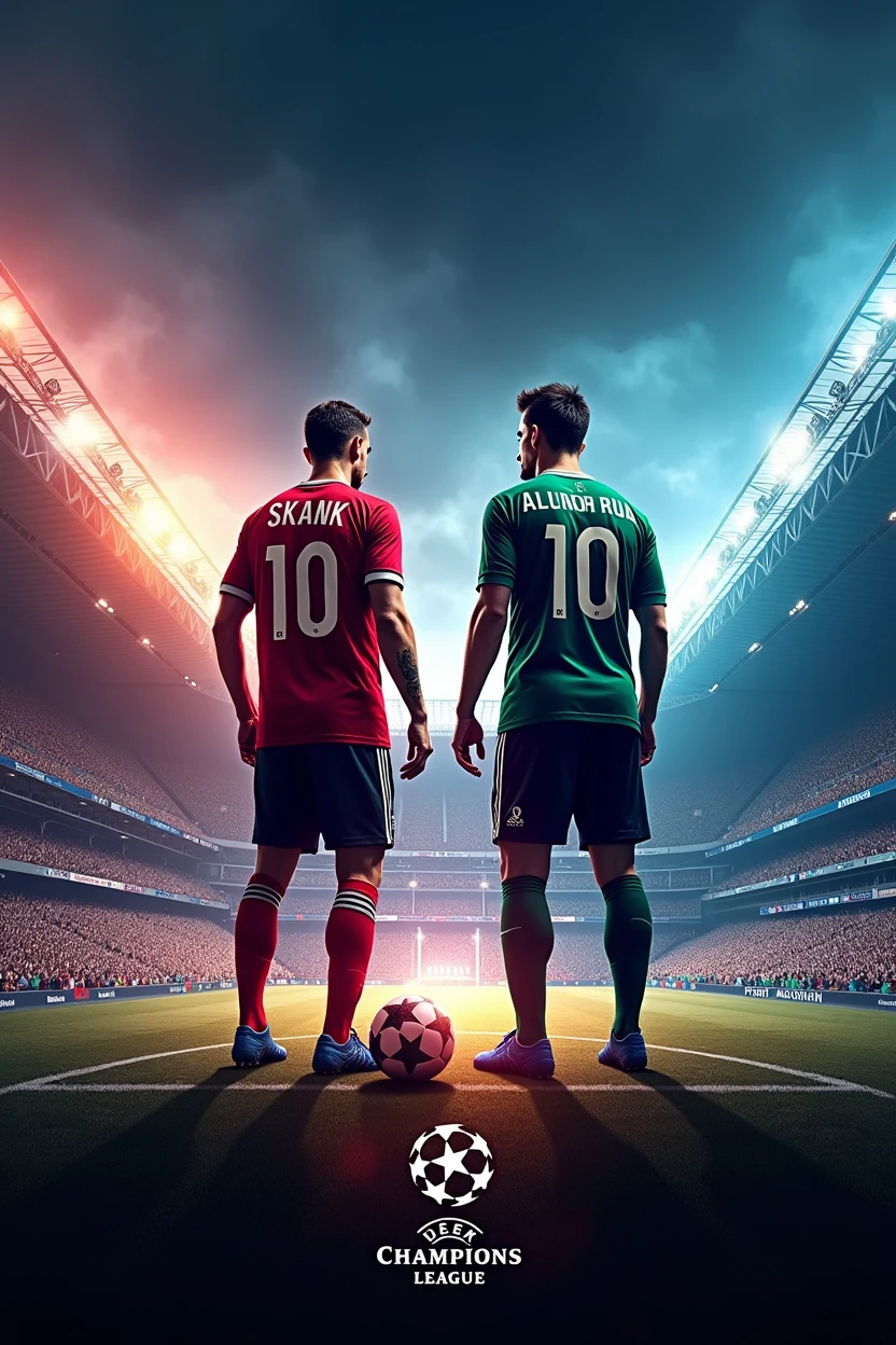 make a football sports flyer, with a champions league stadium in the background, team SKANK color green vs ALUNOS DA RUA  color black e White.number 10