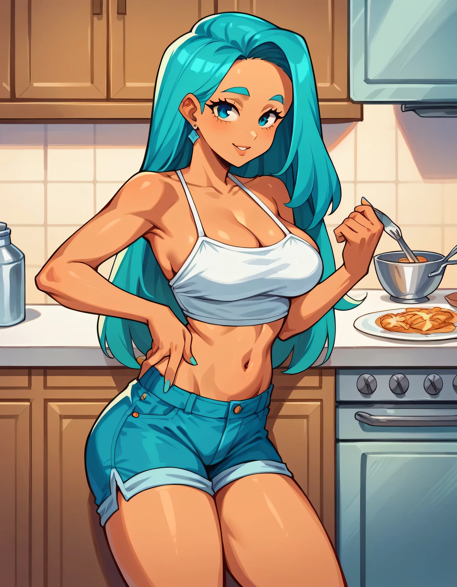 arafed woman in a white top and blue shorts posing in a kitchen, blonde goddess, beautiful girl, perfect body, perfect shape, a gorgeous cyan hair girl, sexy girl with long cyan color hair, beautiful cyan hair woman, in the kitchen, great body, sexy girl, perfect body and face, sexy woman, cyan colored swedish woman