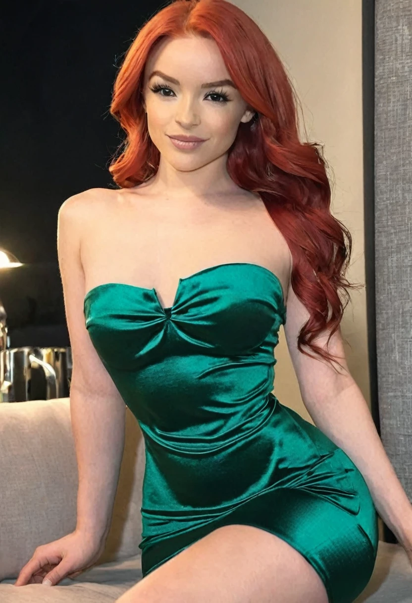 ((high quality:1.2)), (8k), extremely detailed, ((High detail:1.2)), ((best resolution:1.4)), (Elsa Jean), Solo, ((24 years old irish red-haired female:1.45)), ((tight and short dress strapless)), 