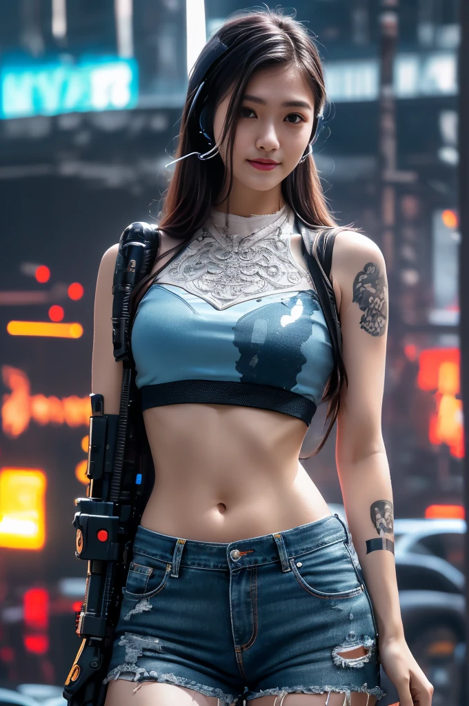 avatar,Realistic 8K images,Hip lift,masterpiece,Complete anatomy,Complete dynamic composition,morning sun,Light shines on the front,Young woman with long brown hair,staring at me.,a small but cute smile,The machine is connected to the machine...,Put on your headphones,Admire the bright neon lights...,Solitary,,Tattoos on upper arms and abdomen...,Intricate details,strange details,future world,beyond expectation,cyberpunk ,Elegant cyberpunk,Thai Pattern Thai Motive,.,Popular cyberpunk,Cybernetics((白红黄金cyberpunk人物....)),Bikini body-,Denim shorts,White vest,Big gears with a desolate background....