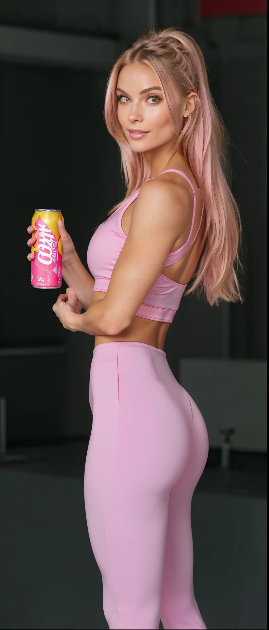 a close up of a woman in a pink outfit holding a can of soda,  apta, gum body, toned backside, energy drink, suitable photo, thin girl photo, waist - shot, toned body, 6 packages, lean and toned, toned shape, Physicist : smallest belly ever, skin-tight outfit, Waist slender, tight costume