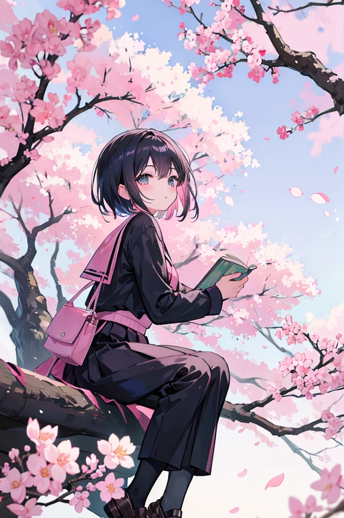 sitting under a cherry blossom tree reading a book、Pink short hair、wearing a black gakuran (Japanese school uniform) with black long pants、youth、man