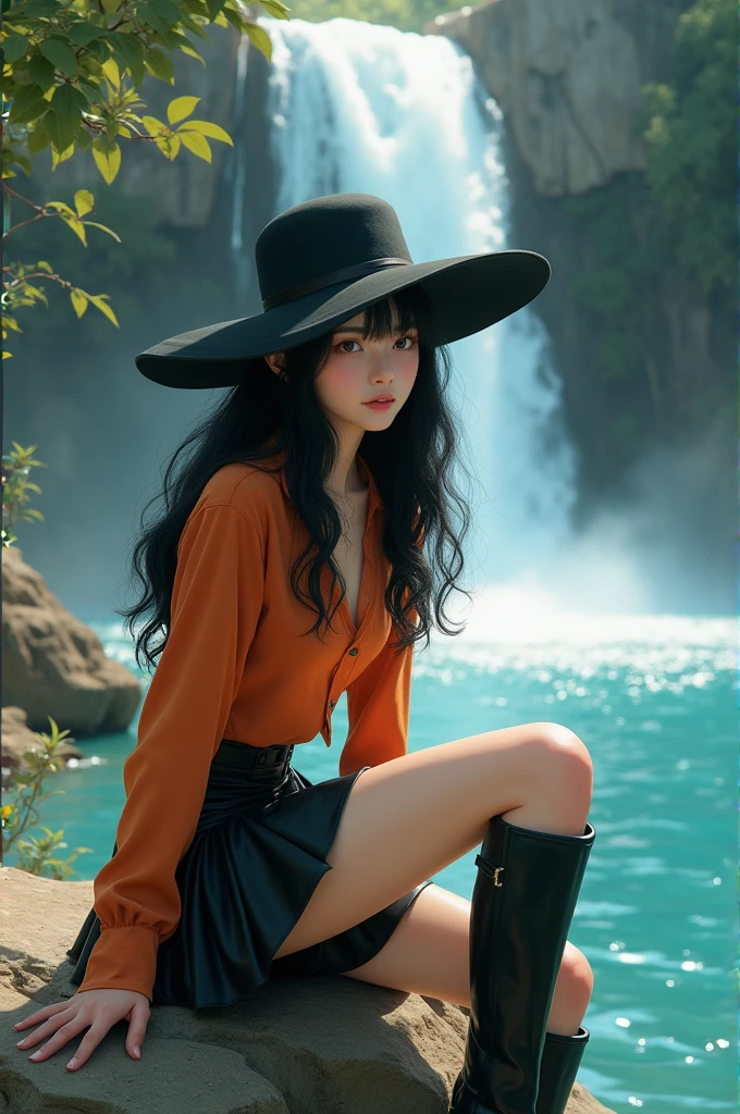 15 year old girl with white skin is thin and measures 1.60 cm tall, wearing a short orange-sleeved blouse and a black leather skirt above the knee, long black boots up to the knee, long wavy black hair and a black hat, sitting on a rock and in the background a waterfall of crystal-clear water