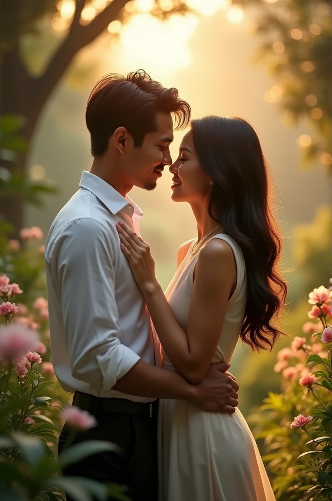 Super realistic full body photo of an Indonesian couple. The man has shoulder-length hair and a stylish appearance. Beautiful woman with long flowing hair. They stood close together in a romantic, tender atmosphere. gardens that light up at sunset, with warm golden light shining through the trees. The couple looked at each other, smiling gently, surrounded by an atmosphere of love and tenderness."