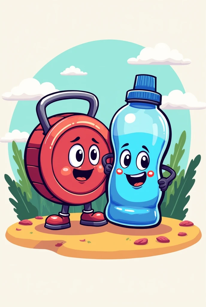 A colorful cartoon icon featuring a weight from the gym and a water bottle 
