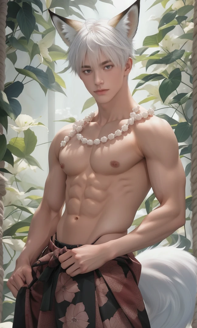 1 male, handsome Japanese male model, high resolution 4k, adult, perfect face, detailed eyes and face, muscular, white eyebrow hair, white eyelashes, Naked torso, Detailed face, perfect face, real skin texture, detail Perfect hand, details, Real and complete hand details, unreal engine, hd picture, satoru gojo, Jujutsu kaisen, white hair, short hair ,hair between eyes ,blue eyes, white skin, fox ears, fox tail