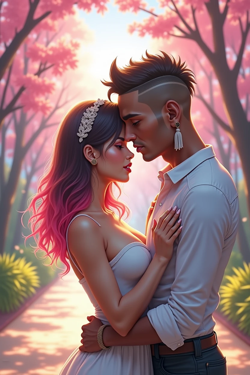 awesome picture of an latina woman with dark chocolate skin and a gorgeous curvy body, 21 years old, round breasts and firm, wide and generous hips, straight hair with some strands dyed pink, a little towards red, with the rest of her hair black, a little of that color in the bangs, and a dark-skinned man with short hair shaved on one side, with a thick cord, wearing a black blouse