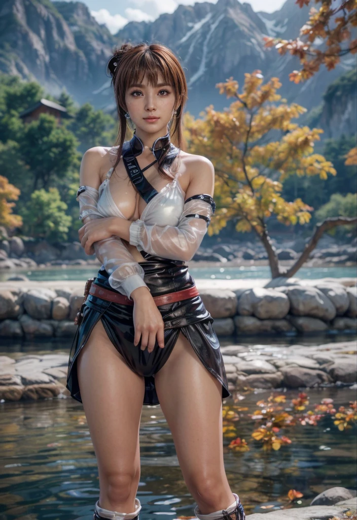 kasumi, eyes browns, (best qualityer, ultra detail), (realisitic:1.37), beautiful and detailed face, ultra-realisitic texture, Exquisite face, Delicate body, red lipgloss stick, shiny colors. High definition, 8k, expression a slight cute smile