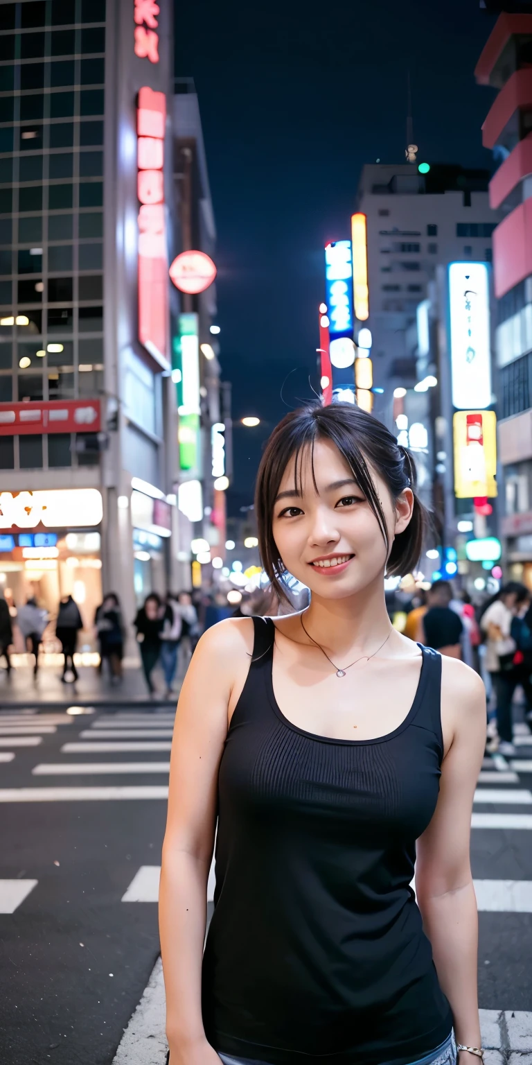 1 person, Tokyo Street,night, Streetscape,City lights,Upper Body,close,smile,, (8k, RAW Photos, Highest quality, masterpiece:1.2),(Realistic, photo-Realistic:1.37),