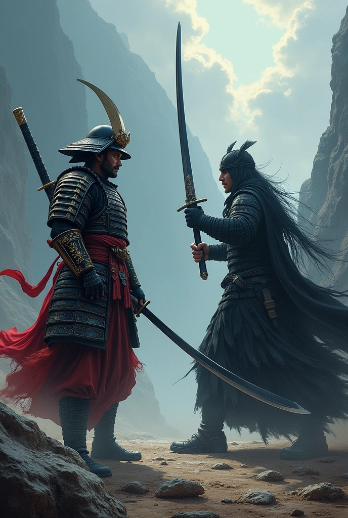 A samurai facing a man with a black sword in one hand who is raising a long sword in one hand
