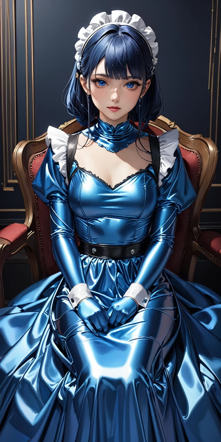 Portraiture、(masterpiece,Highest quality,Ultra-high resolution),Japanese women,Maid Headband、 (((A very beautiful 25 year old)))、(She is wearing a long-sleeved maid outfit made of shiny metallic blue satin..)、The dress has a simple design without any patterns.....、(((Long skirt made of metallic blue satin.)))、Metallic blue satin gloves、((Metallic blue satin bodysuit))、Dark Room