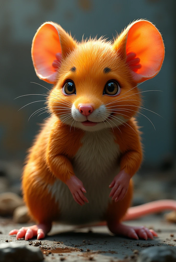An alpha male mouse ,orange color, with marbled fur missing an ear