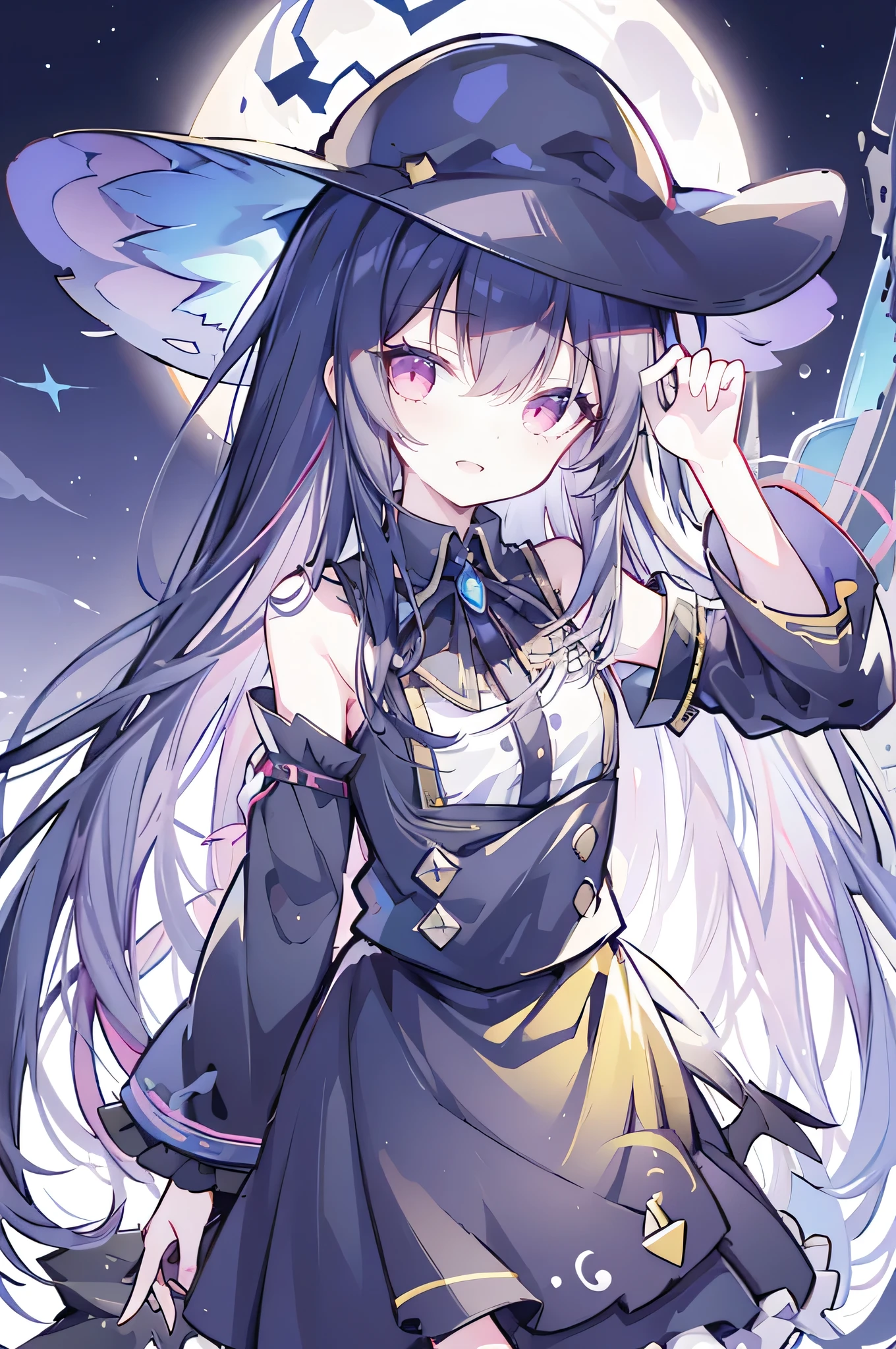 oung Girls,Humanity,A magician always smiles,big witch hat,cute,dark blue long hair,The eyes are dull,The bangs are heavy,Thin eyebrows,fantasy,intake,Double teeth,Star Theme,Constellation pattern,Solid color clothetal decoration,cloak,A bit of a dark atmosphere,A little crazy smile,When the big moon shines outside at night,blood,Hair black star embellishment,Short tie,No nails,High waist skirt,Bell sleeves,Long-sleeved shirt,Black tie,low risk,gentlemen。Mist、Yellow and white effect,Shocking pink as an accent color
