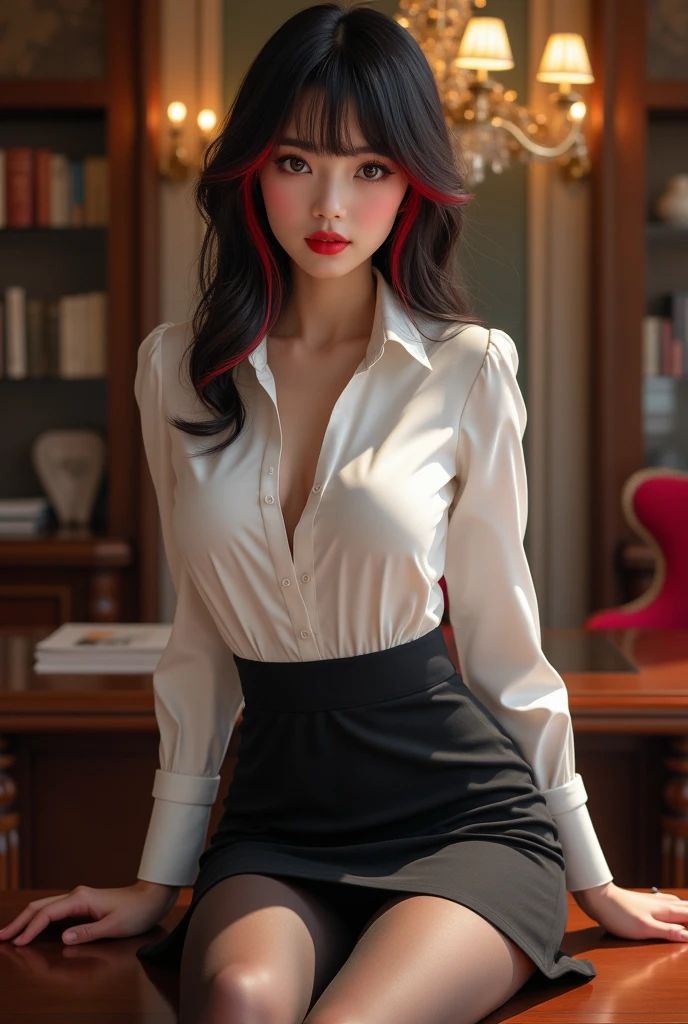 Stunning realistic Japanese girl of 19 years old, dressed as a secretary she has a white blouse and no bra so her nipples are poking through, she is sat on a desk in a luxurious office flashing her panties and wearing short black pencil skirt and black leggings, she has full lips, mid length dark hair with red highlights and a fringe. She is a very sexy and wearing mascara and red lips. She is the sexiest Japanese girl of all time