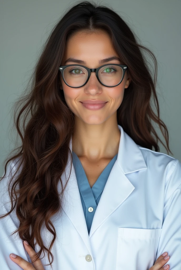 30-year-old woman with white skin,brown dark eyes,Round face,with prescription glasses,White lab coat of a specialist,long curly hair,a body weighing 80 kilos