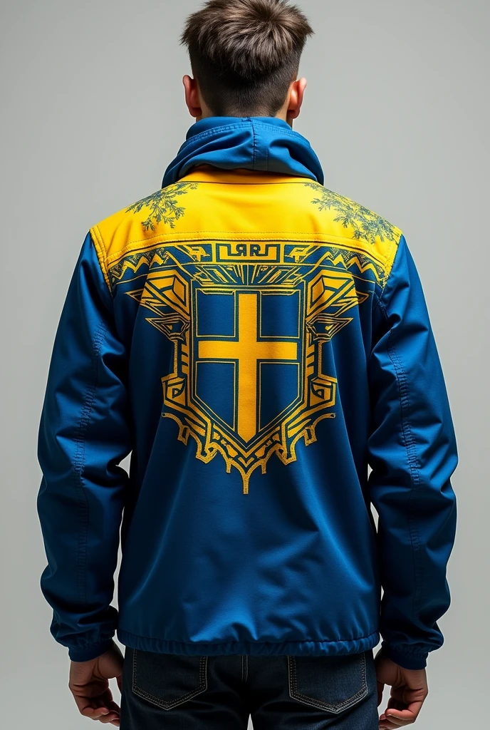 Make the back of a Swedish team jacket with a Nordic theme and blue and yellow details