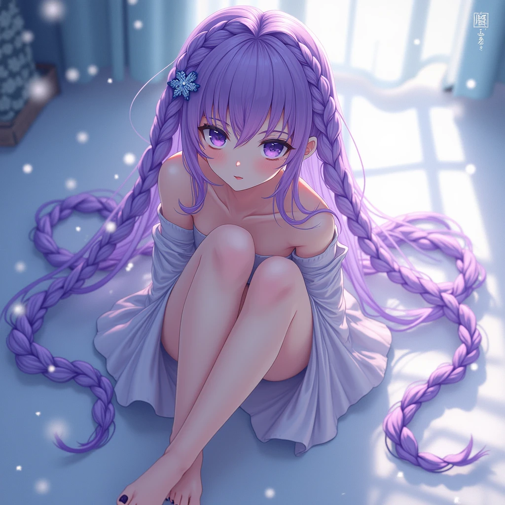 anime girl purple hair purple eyes braids long hair moles mole under eye snowflakes high angle barefeet purple toe nails