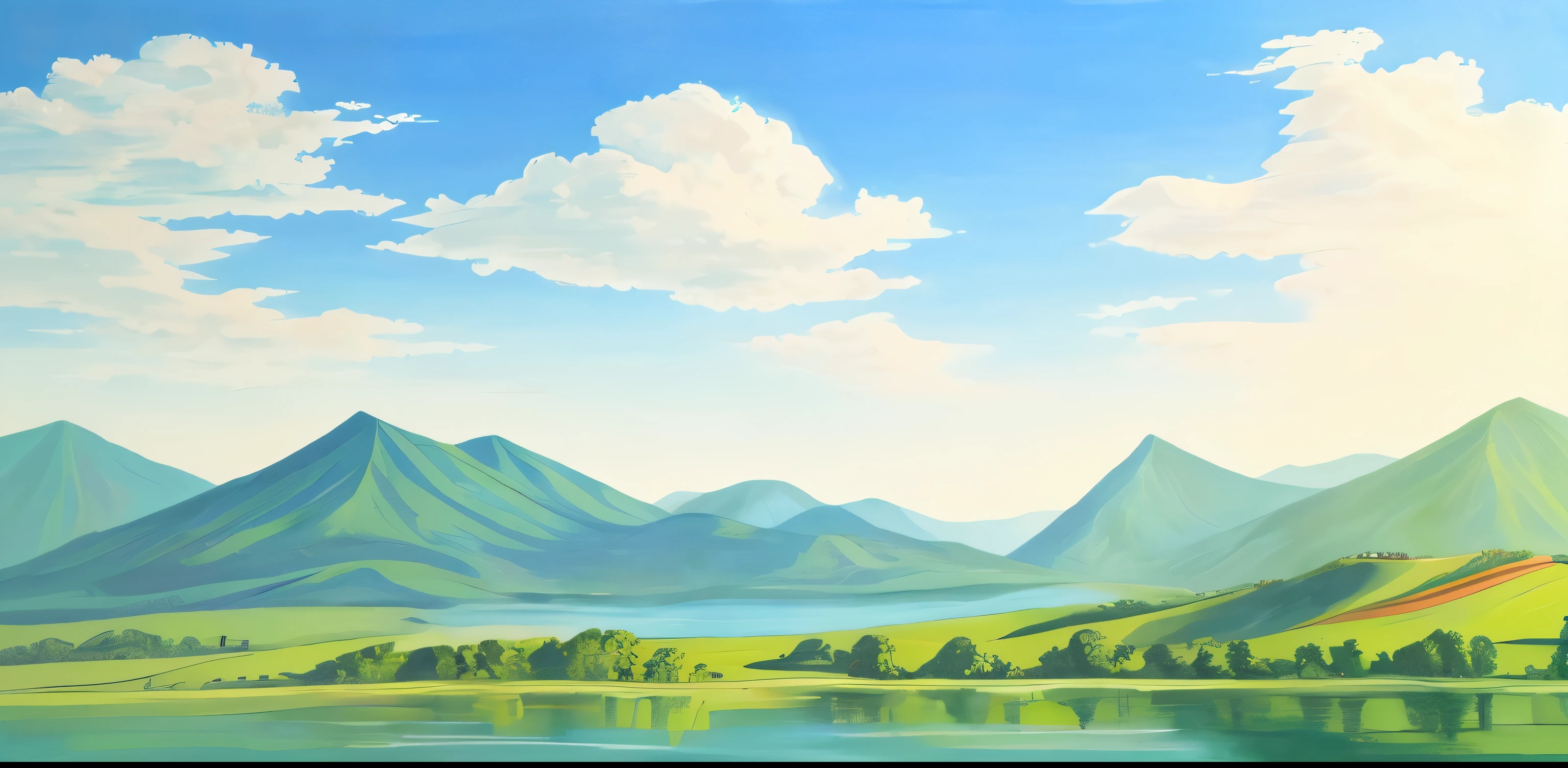 There is a painting，The scene is blue sky, white clouds, green water and green mountains.