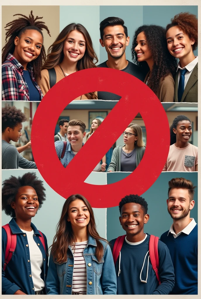 Poster Image: A collage of happy students, teachers, and administrators with a bold red "NO" symbol overlaid on a picture of a group of people bullying or intimidating others