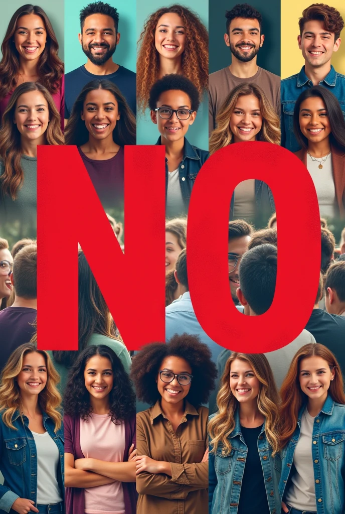 Poster Image: A collage of happy students, teachers, and administrators with a bold red "NO" symbol overlaid on a picture of a group of people bullying or intimidating others