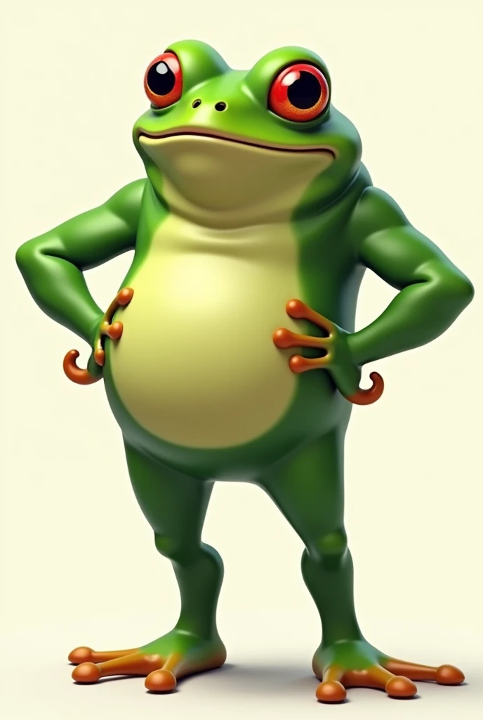Caricature of a green realistic frog, standin in his two legs, muscular body, and arms, with a cigar in his mouth, half body, white background