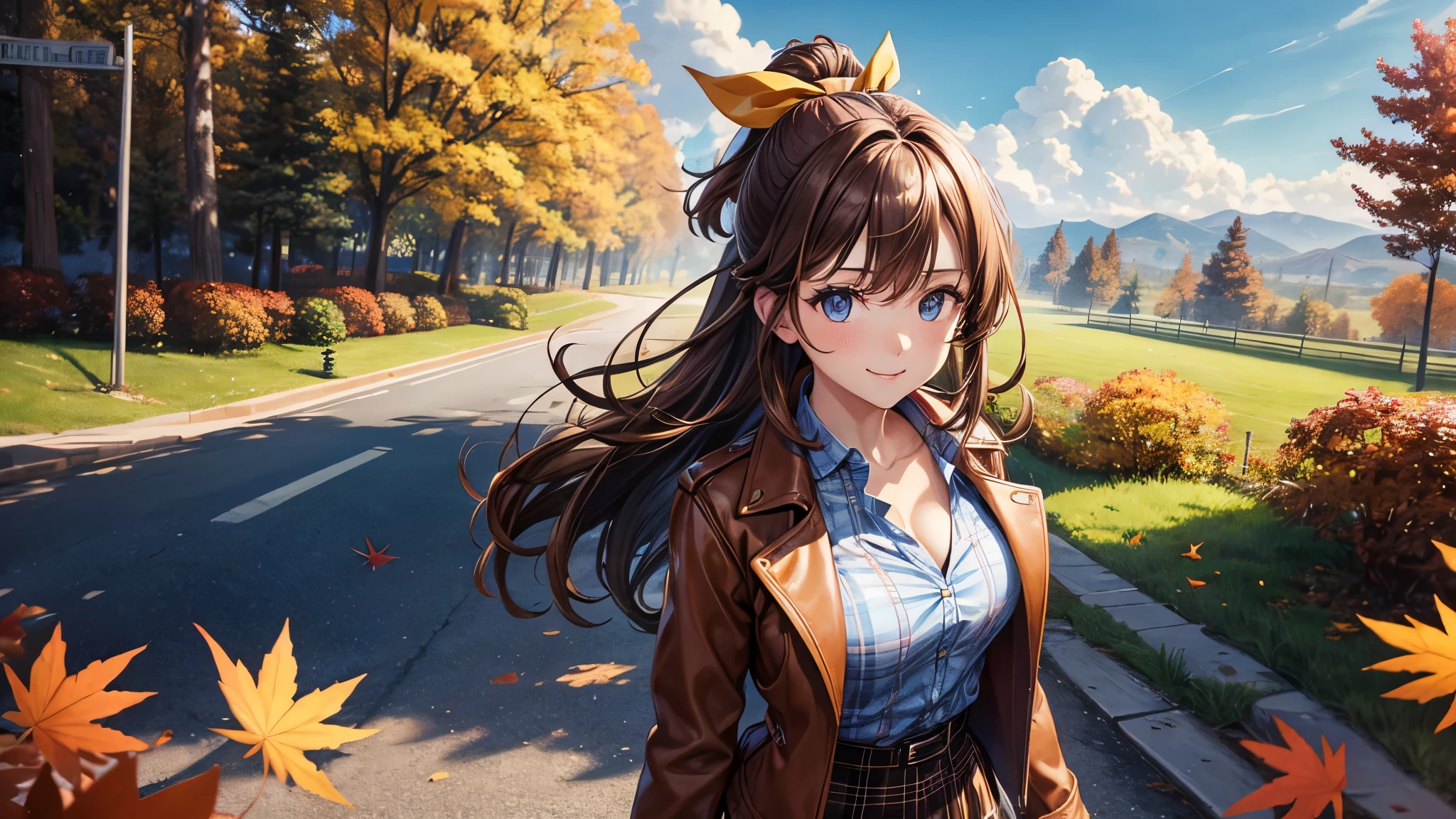 1girl, solo, trees, sun, clouds, autumn, colorful trees, falling leaves, ((brown hair)), ponytail, huge breasts, ((brown leather jacket)), button down shirt, ((blue checked shirt)), ((unbuttoned shirt)), unbuttoning buttons, cleavage 1:3, blue eyes, long skirt, brown boots, smile, happy, looking at the viewer, walking, hair ribbon, golden necklate