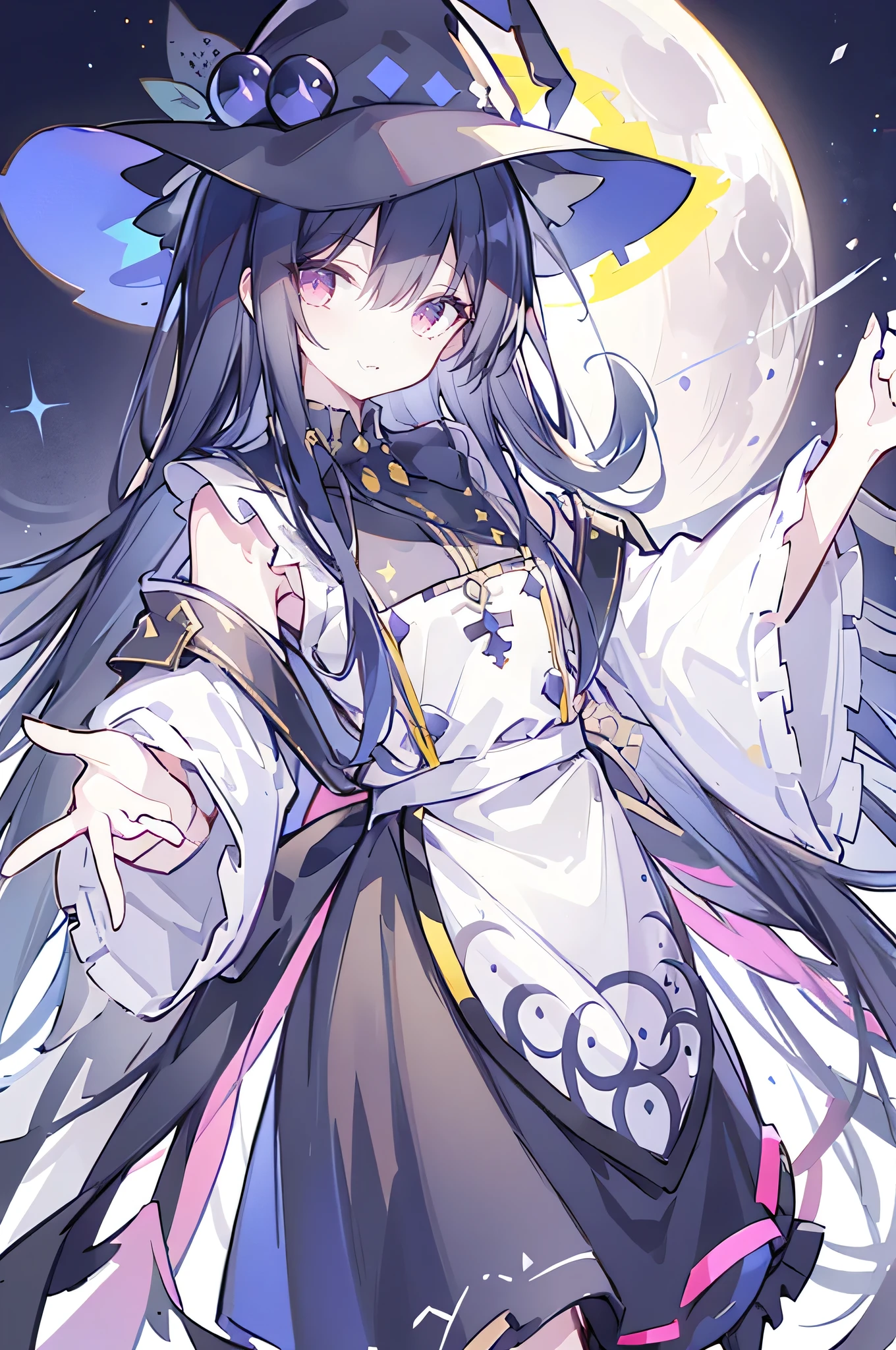 oung Girls,Humanity,A magician always smiles,big witch hat,cute,dark blue long hair,The eyes are dull,The bangs are heavy,Thin eyebrows,fantasy,intake,Double teeth,Star Theme,Constellation pattern,Solid color clothetal decoration,cloak,A bit of a dark atmosphere,A little crazy smile,When the big moon shines outside at night,blood,Hair black star embellishment,Short tie,No nails,High waist skirt,Bell sleeves,Long-sleeved shirt,Black tie,low risk,gentlemen。Mist、Yellow and white effect,Shocking pink as an accent color