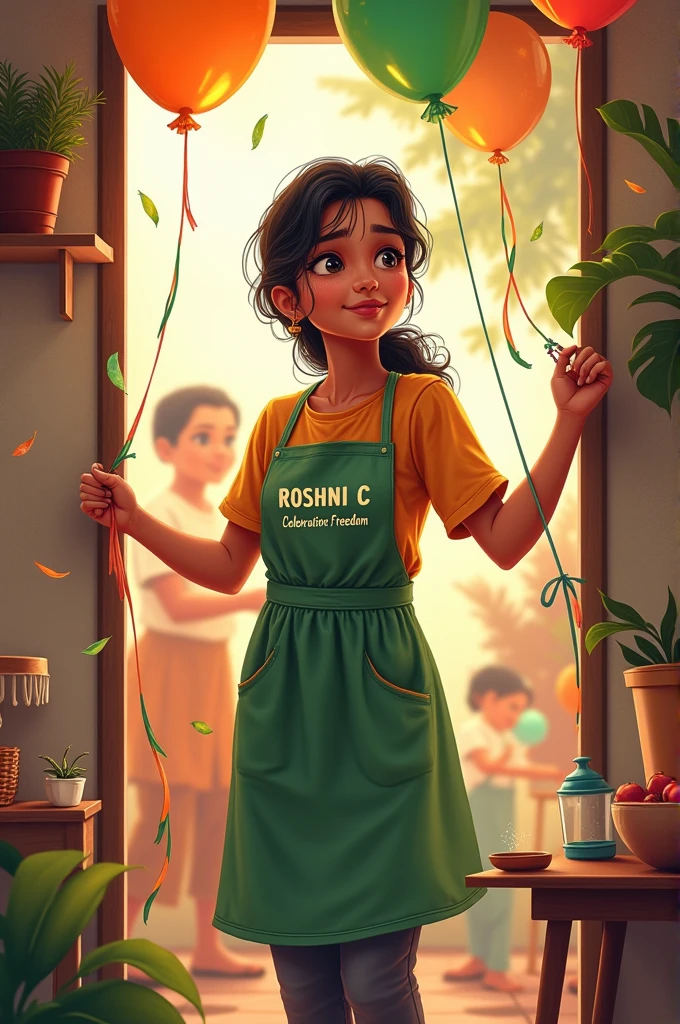 Prompt: “Illustration of a 26-year-old Indian girl decorating her home with tricolor balloons and streamers for Independence Day. The background shows her family preparing for a celebration. Her apron has ‘ROSHNI C‘ printed on it, with ‘Celebrating Freedom’ written above.”