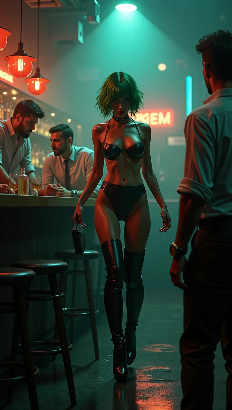 a beautiful girl, 1girl, short green hair, slim figure, hot,sexy outfit, leather bikini, thigh high heeled pump boots, photo-realistic, 4k, hyperrealistic, highly detailed, intricate details, dramatic lighting, cinematic, american comic book style, vibrant colors, dynamic pose, in a shady bar, flirting with 3 male co-workers from the office