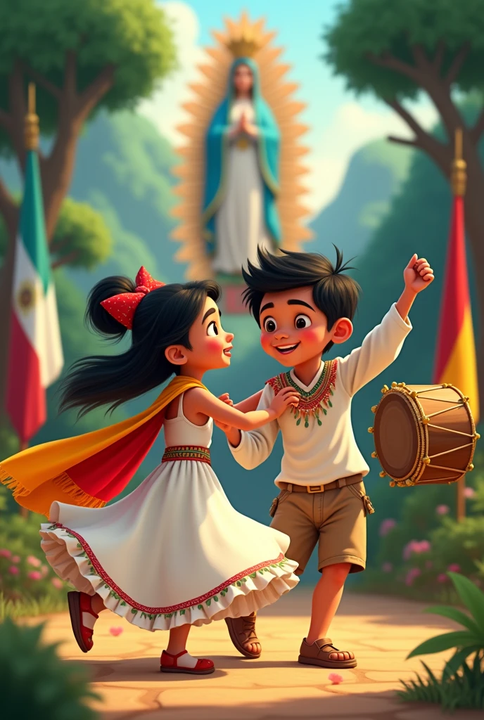 Disney-style cartoons of a Yungas girl dancing saya dressed in a white dress with the Bolivian flag and a Yungas boy dressed in white with the Yungas flag playing a bombo dancing saya with a background of the Virgin of Guadalupe