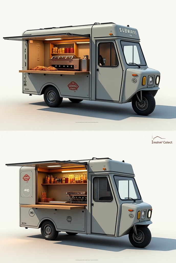 Create me a Ford truck measuring 2 meters high, 2 wide and 2,50 long, like a rectangle , this one must be carried by a motorcycle, with a modular system, its material will be reinforced fiberglass panels, the front face (on the long side) it will be where people place their orders, it is a window that can be opened upwards and when opened it also shows the brand logo , here is a counter and also some compartments where food will be stored (like those at Subway), below this open other compartments to display (transparent and rectangular) on one of its wide sides (the left one) that door can be lowered and automatically becomes a table, where customers outside can sit and the seller inside the truck can move around there , under this counter open hidden compartments to store things, the back face inside will have all the cooking implements (Two grills, two fryers and a grill, just like blenders, this one will also have the window that opens so customers can see how their food is prepared, on the other side will be the scrubber (where everything is washed)and fridge sides, it must save a lot of space so there must be many hidden compartments and very well located, I want it to be an eye-catching design, that people remember it, it must have an air system , show it to me from all its sides