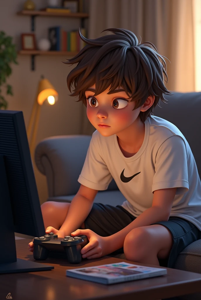 A boy with medium length hair playing PS2 wearing a white Nike t-shirt and black shorts
