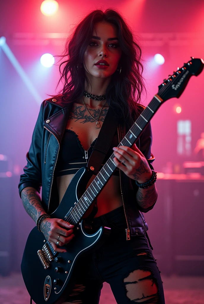 a sexy girl in shorts, rocker,detailed face, beautiful eyes, full lips, detailed skin, intricate tattoos, leather jacket, ripped jeans, metal spikes, electric guitar, concert stage, colorful lighting, dramatic posing, gritty city background, moody atmosphere, cinematic lighting, photorealistic, 8k, best quality, masterpiece