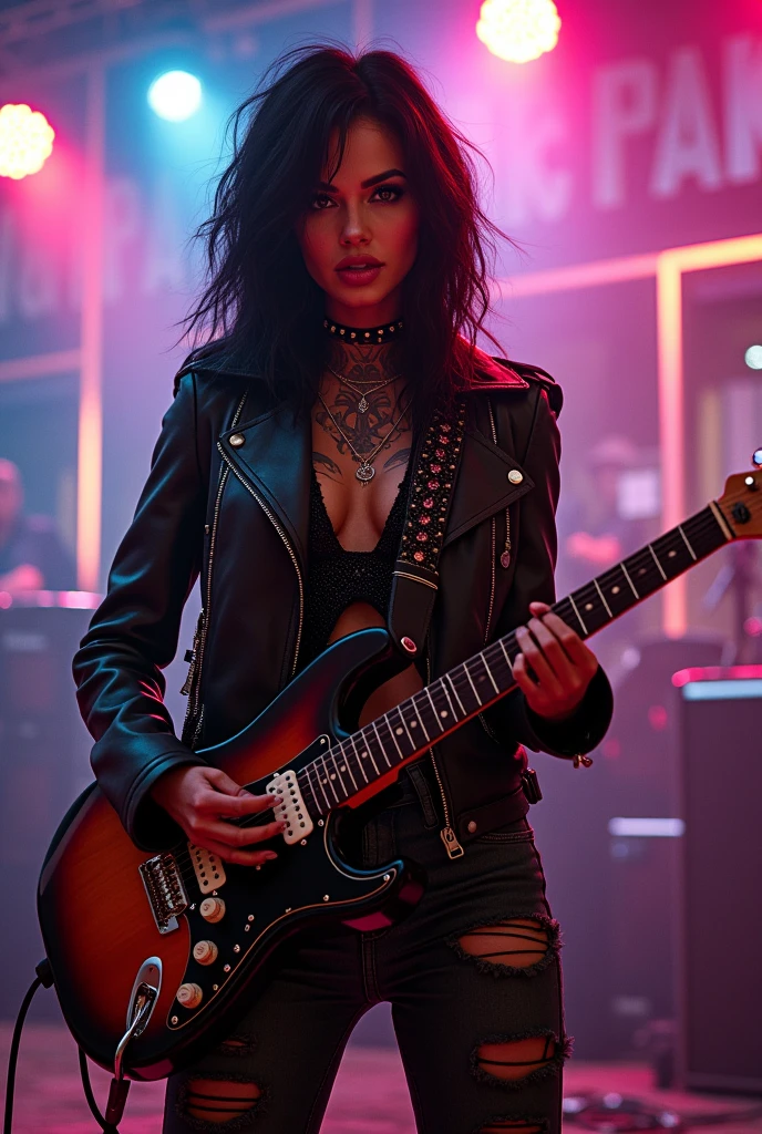 a sexy girl in shorts, rocker,detailed face, beautiful eyes, full lips, detailed skin, intricate tattoos, leather jacket, ripped jeans, metal spikes, electric guitar, concert stage, colorful lighting, dramatic posing, gritty city background, moody atmosphere, cinematic lighting, photorealistic, 8k, best quality, masterpiece