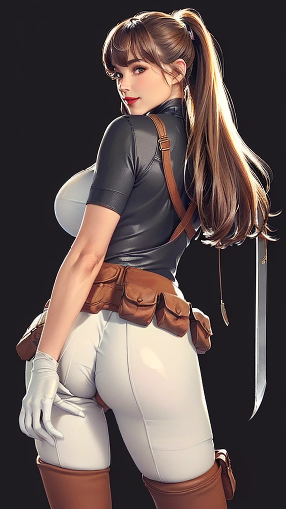 (（（Perfect body,White and tender skin,（（（BodySuit_lady_deadpool_ownwaifu，bodysuit, skin tight, superhero, Belt Pouch, utility belt, red bodysuit, gloves, weapon on back, thigh pouch, thigh strap, thigh holster, belt buckle, turtleneck,  ）））,（（（ailisha，Black long hair, super long hair, slanted bangs, brown eyes, red lips））），((masterpiece)),high resolution, ((Best quality at best)),masterpiece,quality,Best quality,（（（ Exquisite facial features,Looking at the audience,There is light in the eyes,Smile））），Open your hands,From the back，Plump buttocks）））,（（（Light and shadow,Huge breasts，）））,（（（Looking at the camera,black background,)））),