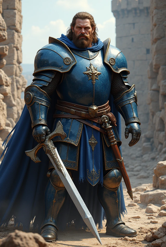 Brown-haired man wearing blue medieval warrior
