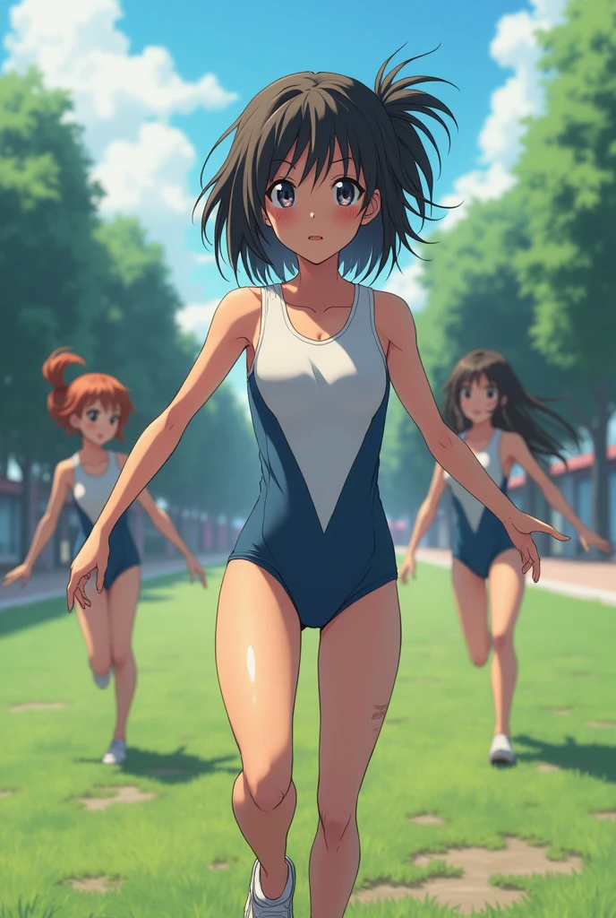 Gymnastics, middle School girls, A damp short cut with the ends of the hair sticking out quite a bit., Slightly tanned skin, 上が白で下が青のGymnasticsを着ている, Sunburn