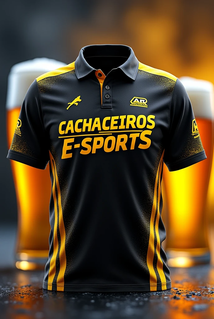 Shirt with the words CACHACEIROS E-SPORTS written on it with two glasses of beer in the background in black and yellow colors