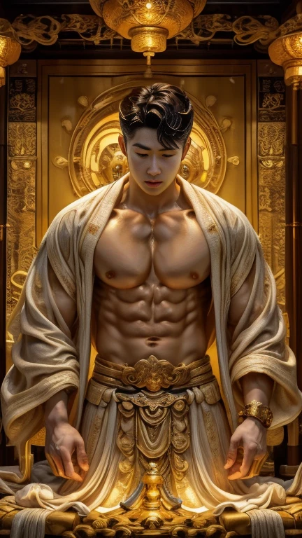 disconsolate,Ambient,artistic conception,large scene,The wind blew up the white curtains,Dattain lamps,Diffuse light,chest muscle,Shirtless, stubbles, Sideburns, musculature, Strong handsome korean guy, a golden statue of handsome men god , multiple hands holding some weapons, , Hanfu,Golden blue、Jing Qing Moqing、jackson wang, Plain cherry blue,Junyi,Dignified atmosphere,Temperament,Short hair, Flat-headed beautiful man,The light is gentle,The scene comes to life