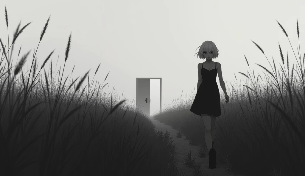 ((20-year-old woman,Blonde short bob hair,She is walking through an grassland in the monochrome world)),inside the monochrome world,the monochrome grassland,There are monsters in the grassland,Uneasy atmosphere,"जैसे ही वो अंदर गई, दरवाजा जोर से बंद हो गया…"