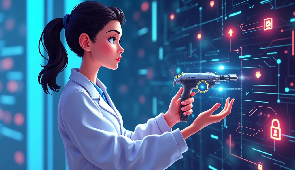 An image of only the left half of a scientist facing forward holding a futuristic multi-tool., which represents AI, with several visible functions (such as a magnifying glass, Balance, padlock, etc.). In a medium to small size. It has to occupy only half the image
Technology elements like circuits and data floating around the character and on the right half.
Use of modern and contrasting colors to highlight the importance of messages, with a clean and futuristic aesthetic. in cartoon style

