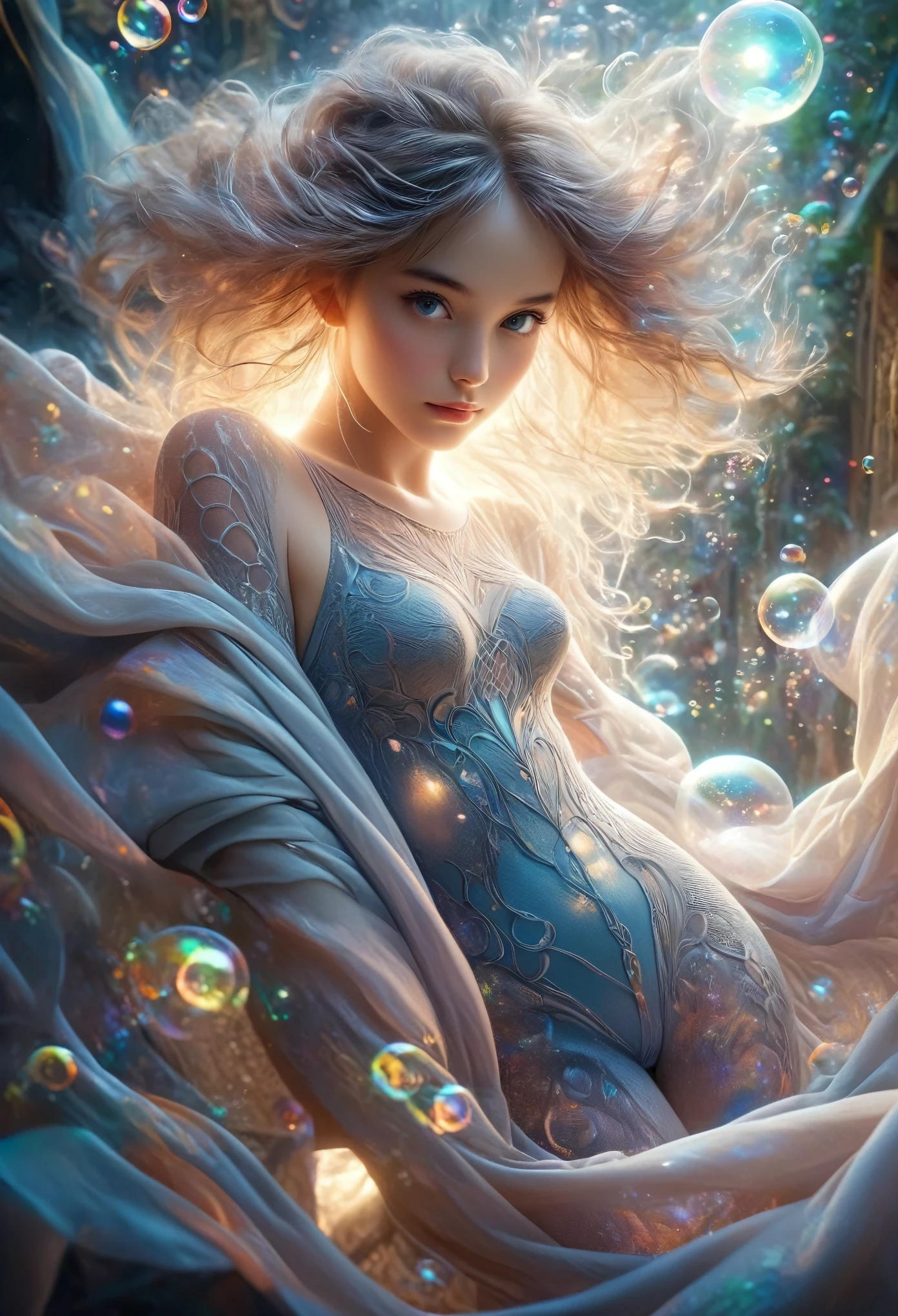 (((Exquisite))) Openwork tights, High quality details, Flowing, dynamic, (1 female), Bright Eyes, Full of energy, Fascinating front and back, Silk texture, Expressing high-quality texture, Giant bubbles, Soft Light, Full of realism, At the moment, this girl is in a fantasy world..