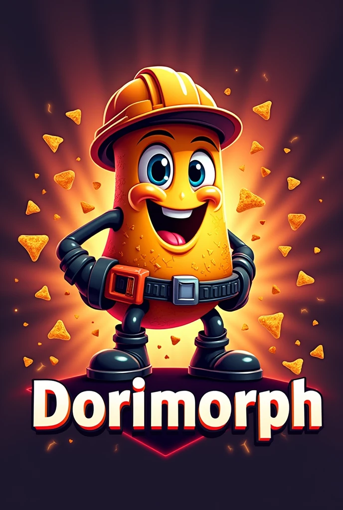 Create a logo of an animated Dorito who is a computer engineer and below it says 'Dorimorph' that looks eye-catching for selling chips.