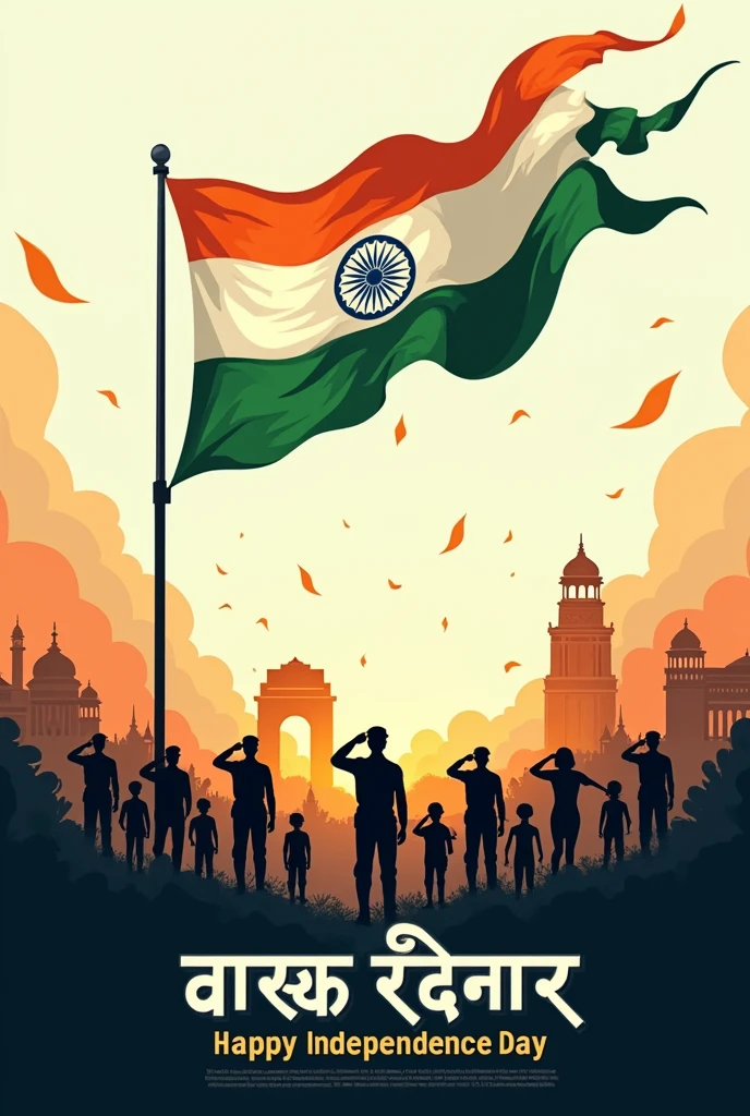 Here's a detailed prompt for a 15th August (Independence Day) thumbnail:

"A powerful and inspiring scene featuring the Indian flag (Tiranga) prominently in the center, billowing in the wind against a backdrop of a bright, clear sky. Surrounding the flag are images of iconic Indian landmarks like the India Gate, Red Fort, and Gateway of India, subtly integrated into the background. Below the flag, a diverse group of people, including soldiers, children, and citizens from various walks of life, stand together, saluting the flag. The text 'Happy Independence Day' is displayed at the bottom in bold, traditional Hindi script, with saffron, white, and green accents. The overall color scheme is vibrant, with a focus on the colors of the Indian flag, creating a sense of unity, pride, and celebration."

This prompt will create an engaging and patriotic thumbnail for Independence Day. Let me know if you'd like to generate this image.