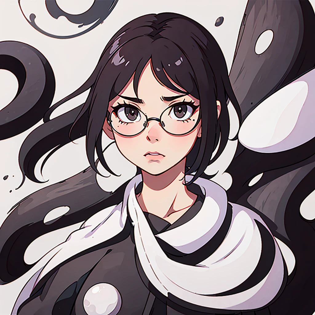 Create a minimalist black and white logo featuring a silhouette of an anime girl with short brown hair and glasses. The focus should be on the outline of the face, hair, and glasses, excluding internal details like the mouth or eyes. The lines should be clean and simple, conveying a sense of simplicity and elegance. Without eyes and mouth. Looking to the viewer