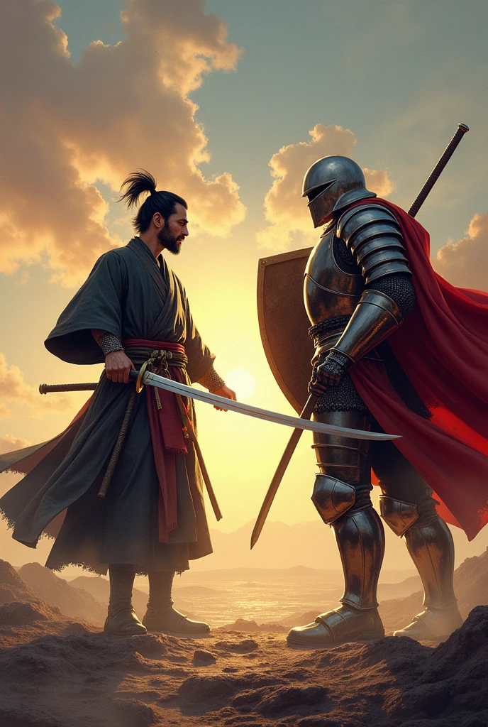 A samurai facing a knight, with one hand he raises a longsword in one hand